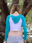 Long Sleeve White and Turquoise Raglan Cropped Hoodie / Crop Top / Made in USA