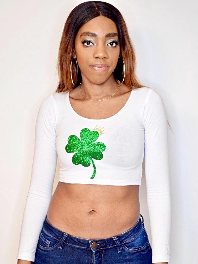 St. Patrick's Day Clover Shamrock/ Queen White Long Sleeve Crop