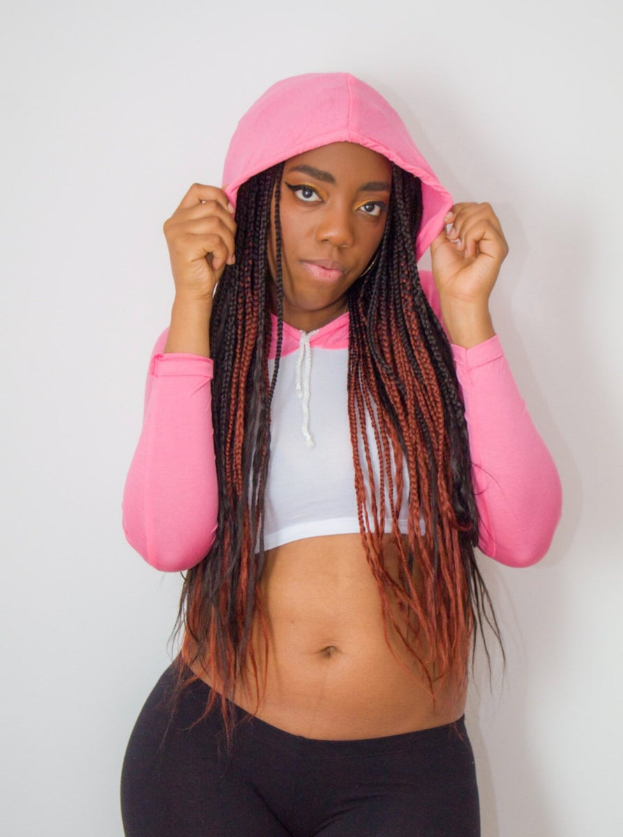 Long Sleeve White and Pink Raglan Cropped Hoodie / Crop Top