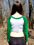 Long Sleeve White and Green Raglan Crop Top / Made in USA