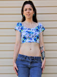 White and Blue Floral / Flower Off Shoulder Short Sleeve Crop Top / Made in USA