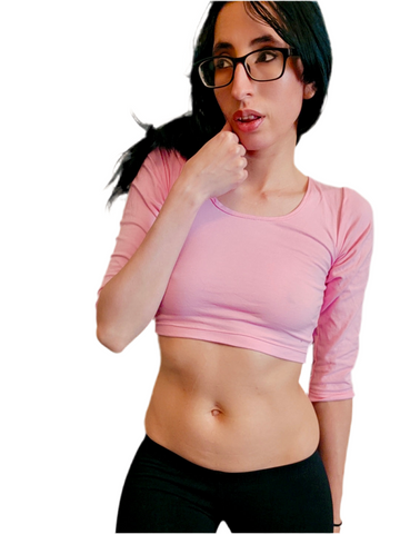 Pink 3/4 Sleeve Form-Fitting Crop Top / Made in USA