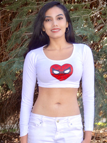 I Love Spiderman White Long Sleeve Crop Top