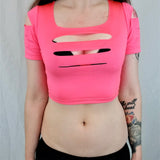 Neon Pink Slashed Short Sleeve Crop Top / Made in USA