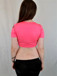Neon Pink Slashed Short Sleeve Crop Top / Made in USA