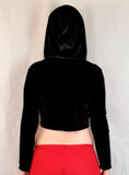 Black Faux Velvet Long Sleeve Crop Top Hoodie / Cropped Hoodie / Made in USA