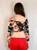 Black Spring Floral / Rose Off Shoulder Long Sleeve Crop Top / Made in USA