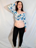 White and Blue Floral / Flower Off Shoulder Long Sleeve Crop Top / Made in USA