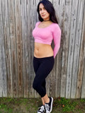 Pink Long Sleeve Form-Fitting Crop Top / Made in USA