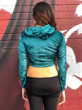 Turquoise Faux Velvet Long Sleeve Crop Top Hoodie / Cropped Hoodie / Made in USA