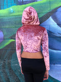Pink Faux Velvet Long Sleeve Crop Top Hoodie / Cropped Hoodie / Made in USA