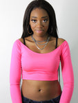 Neon Pink Off Shoulder Long Sleeve Crop Top / Made in USA