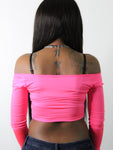 Neon Pink Off Shoulder Long Sleeve Crop Top / Made in USA