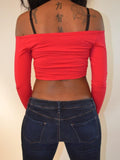 Red Off Shoulder Long Sleeve Crop Top / Made in USA