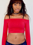 Red Off Shoulder Long Sleeve Crop Top / Made in USA
