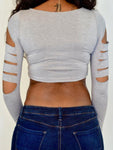 Gray Slashed Long Sleeve Crop Top / Made in USA