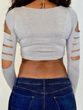 Gray Slashed Long Sleeve Crop Top / Made in USA
