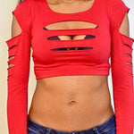 Red Slashed Long Sleeve Crop Top / Made in USA