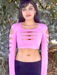 Pink Slashed Long Sleeve Crop Top / Made in USA