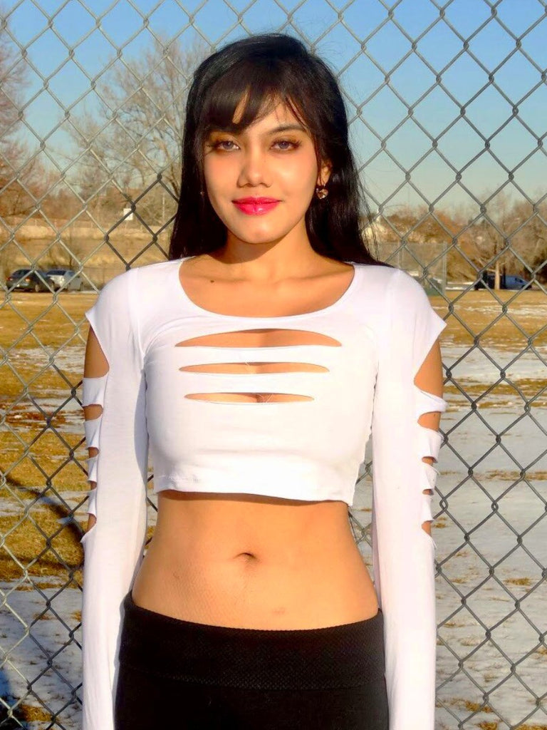 White Slashed Long Sleeve Crop Top / Made in USA – Lyla's Crop Tops