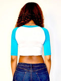 3/4 Sleeve White and Turquoise Raglan Crop Top / Cropped Baseball Tee / Made in USA