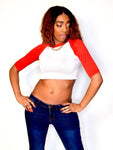3/4 Sleeve White and Red Raglan Crop Top / Cropped Baseball Tee / Made in USA