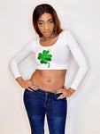 St. Patrick's Day Clover Shamrock/ Queen White Long Sleeve Crop Top / Made in USA
