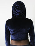 Navy Blue Faux Velvet Long Sleeve Crop Top Hoodie / Cropped Hoodie / Made in USA