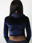Navy Blue Faux Velvet Long Sleeve Crop Top Hoodie / Cropped Hoodie / Made in USA