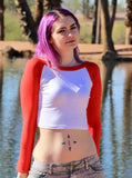 Long Sleeve White and Red Raglan Crop Top