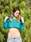 Loose Boxy Turquoise and Gray Long Sleeve Cropped Hoodie / Crop Top / Made in USA