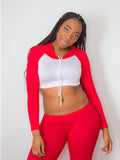 Long Sleeve White and Red Raglan Cropped Hoodie / Crop Top / Made in USA