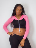 Long Sleeve Black and Pink Raglan Cropped Hoodie / Crop Top / Made in USA