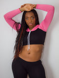 Long Sleeve Black and Pink Raglan Cropped Hoodie / Crop Top / Made in USA