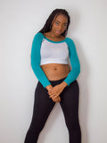 Long Sleeve White and Turquoise Raglan Crop Top / Made in USA