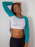 Long Sleeve White and Turquoise Raglan Crop Top / Made in USA