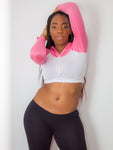 Long Sleeve White and Pink Raglan Cropped Hoodie / Crop Top / Made in USA