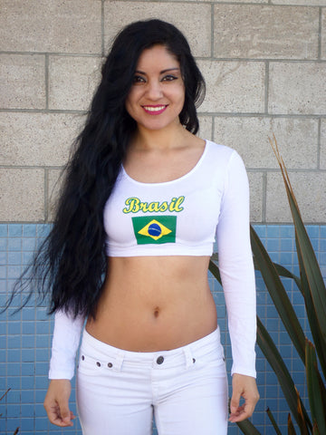 Brasil (Brazil) White Long Sleeve Crop Top