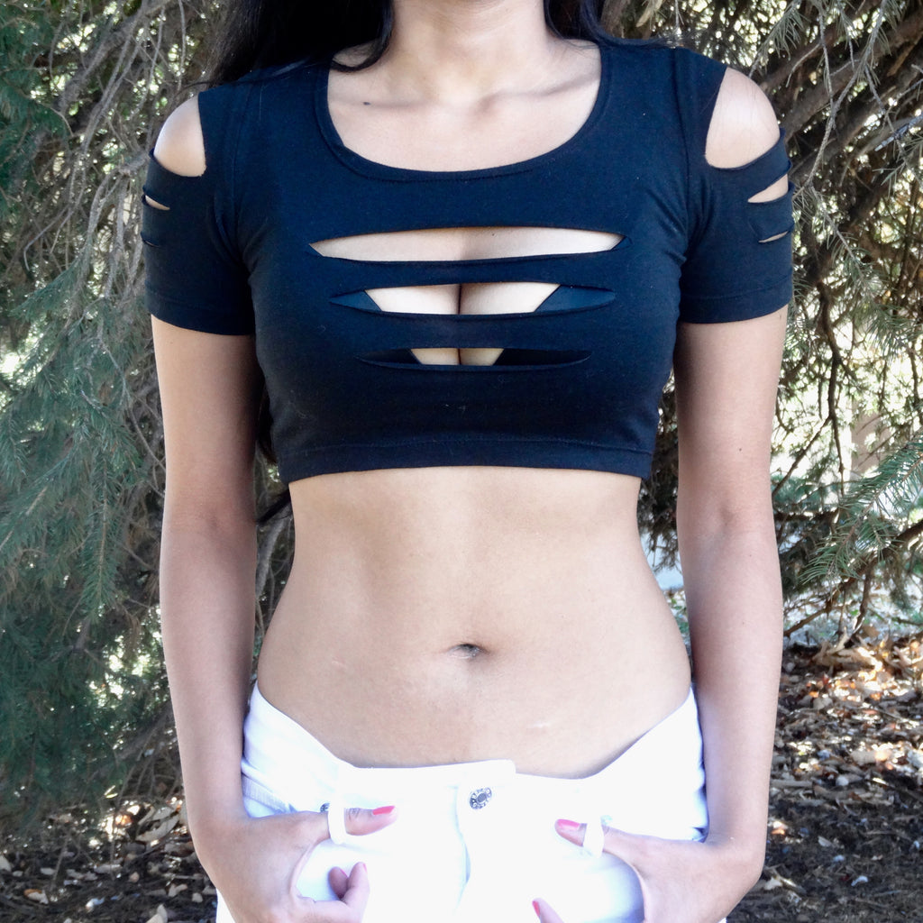 Black Slashed Long Sleeve Crop Top / Made in USA