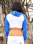 Long Sleeve White and Blue Raglan Cropped Hoodie / Crop Top