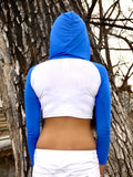 Long Sleeve White and Blue Raglan Cropped Hoodie / Crop Top