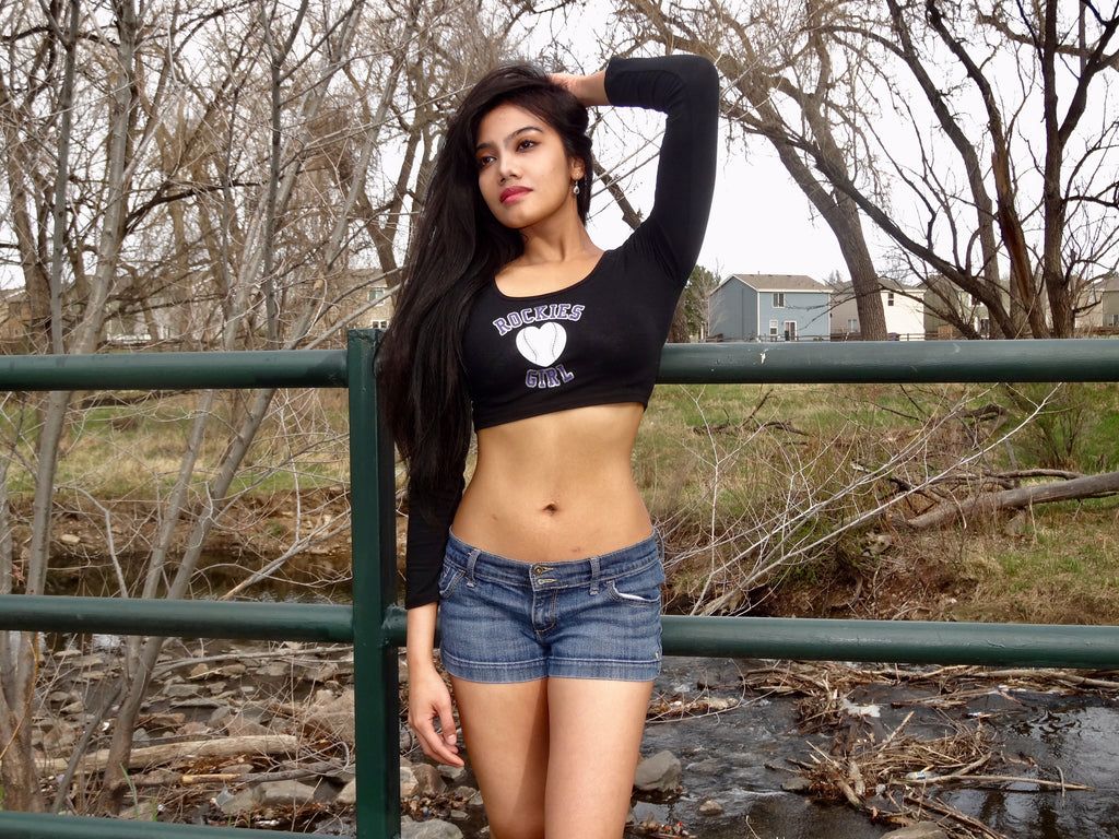 Rockies Girl Black Form-Fitting Long Sleeve Crop Top / Made in USA