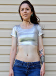 Metallic Silver Form-Fitting Short Sleeve Crop Top / Made in USA