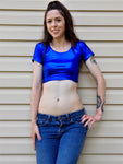 Metallic Blue Form-Fitting Short Sleeve Crop Top / Made in USA