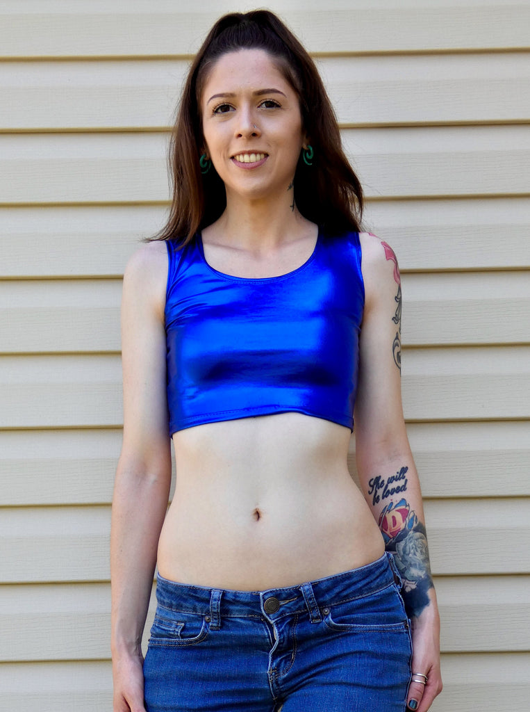 Metallic Blue Form-Fitting Crop Top / Cropped Tank Top / Made in