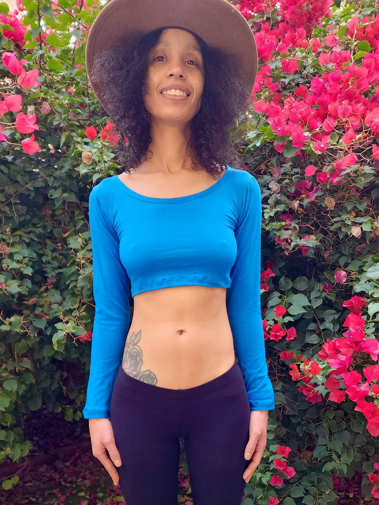 Blue Long Sleeve Form-Fitting Crop / in USA Crop Tops