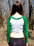 Long Sleeve White and Green Raglan Crop Top / Made in USA