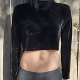 Black Faux Velvet Long Sleeve Crop Top Sweater / Cropped Sweater / Made in USA