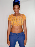 Colibri Short Sleeve Yellow / Floral Peasant Crop Top / Made in USA