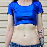 Metallic Blue Form-Fitting Short Sleeve Crop Top / Made in USA